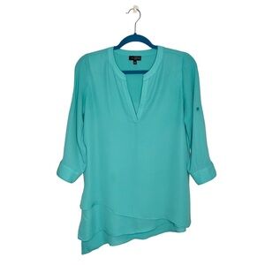 The Limited Teal Asymmetrical Hem Roll Tab Sleeve Blouse